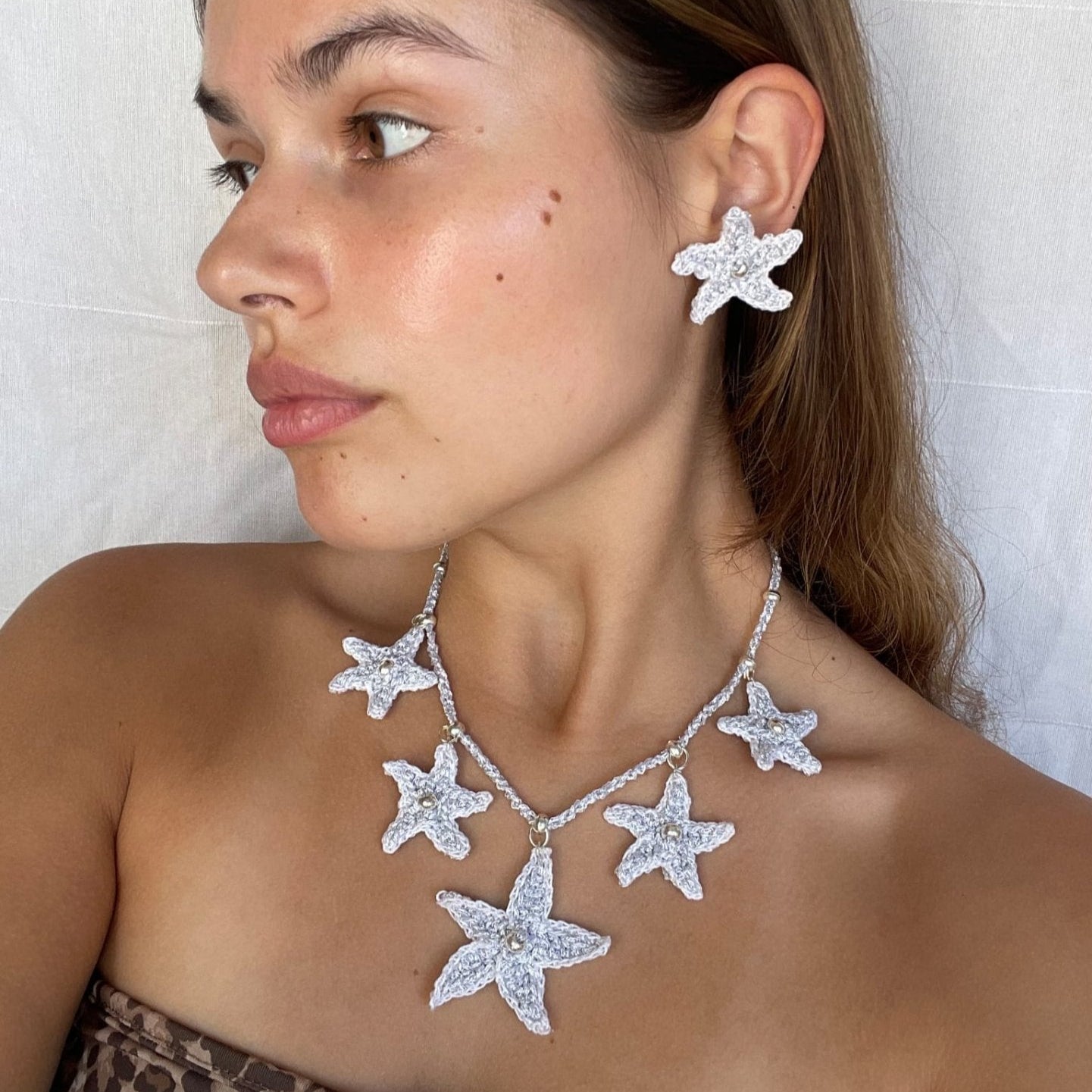 Crochet seafoam star necklace and earrings