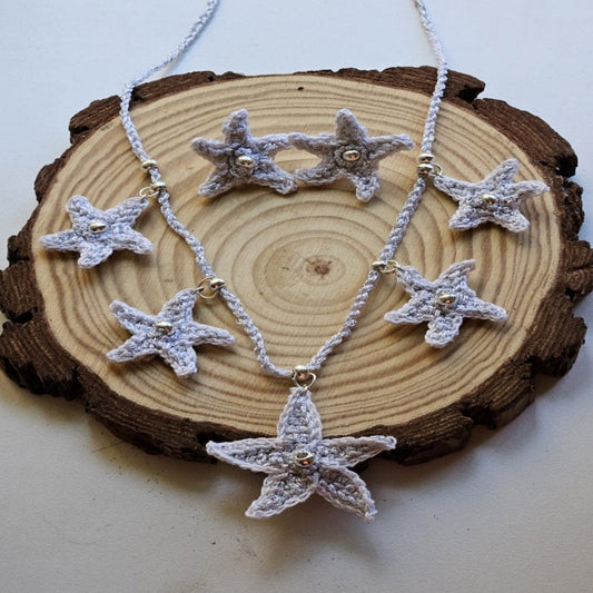 Crochet seafoam star necklace and earrings